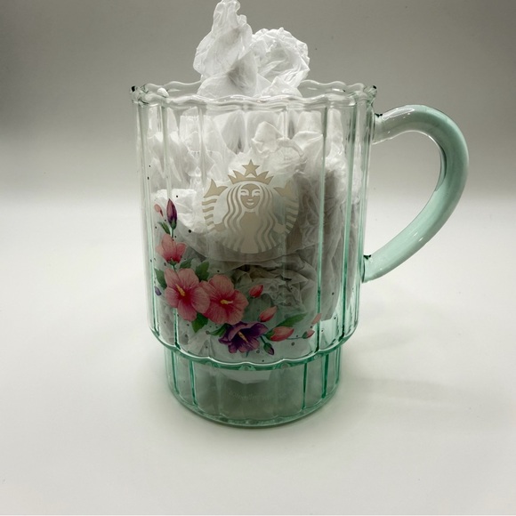 New Starbucks Korea Hibiscus Flower Mint Green Glass Coffee Mug Rose Of Sharon - Picture 11 of 11
